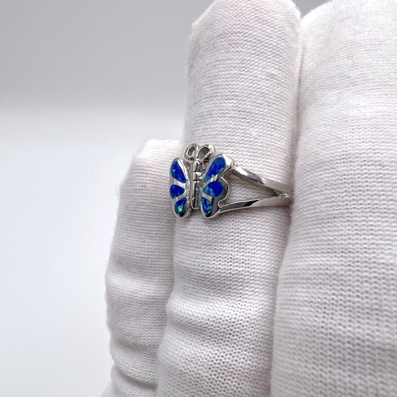 Sale $20 Firm! .925 Sterling Silver Lab Created Blue Opal Butterfly Ring - Picture 8 of 14